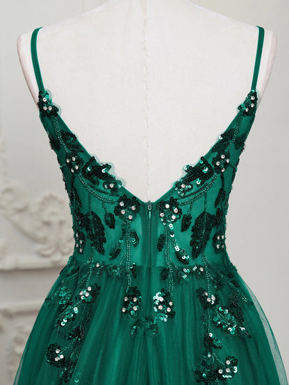 Sling Evening Dresses Sexy Spaghetti Straps V-Neck Illusion Sequins Appliques Prom Dress A-Line Train High Split Gowns