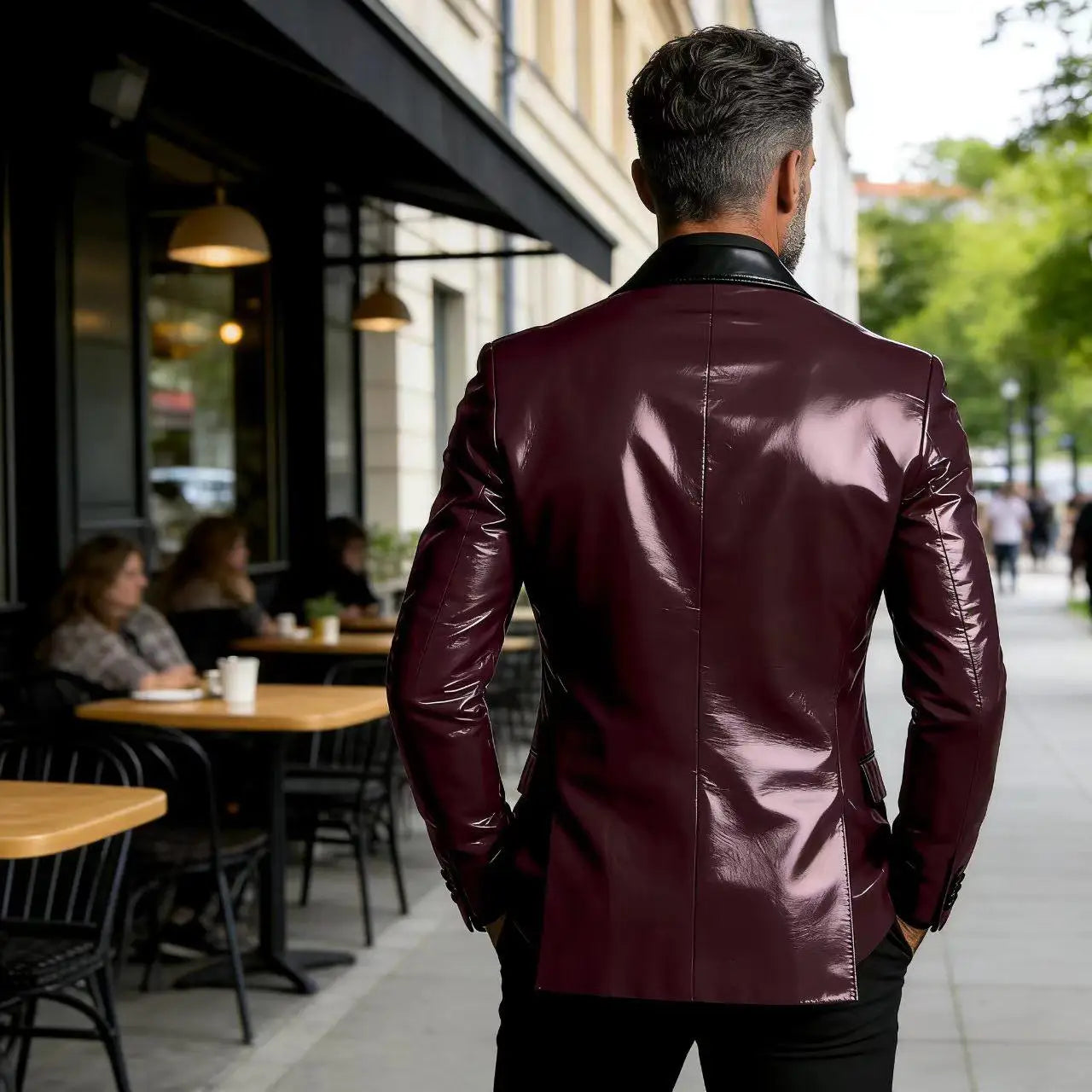 Men's Shiny Patent Leather Blazer Contrast Notch Lapel Two Button Suit Jacket Luxury Casual Business Formal Coat Party Wedding
