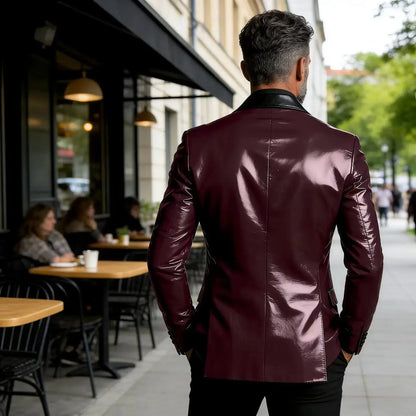 Men's Shiny Patent Leather Blazer Contrast Notch Lapel Two Button Suit Jacket Luxury Casual Business Formal Coat Party Wedding