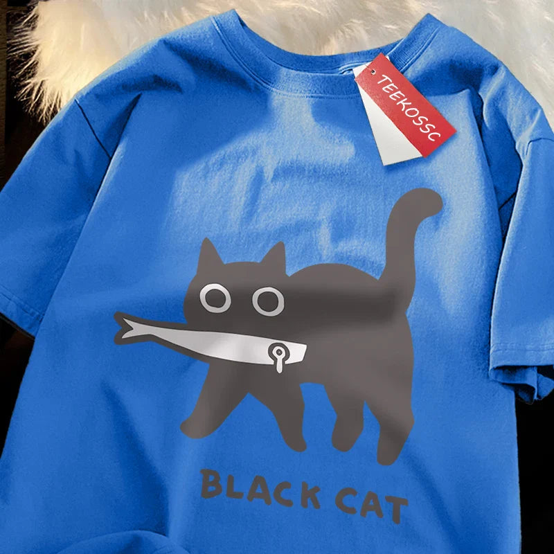 Fun A Black Cat Eating Fish Japanese Style Men Women T-Shirt Fashion Print T Shirt Breathable Oversize T-Shirts Cotton Clothes