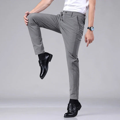 Ultra-thin Elastic Men's Casual Trousers Summer Quick-drying Ice Silk Slim Straight Business Solid Color Trousers Black Gray