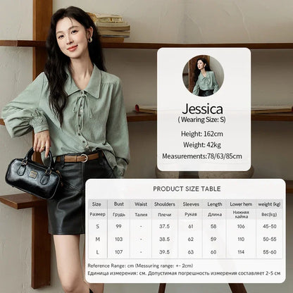 Vintage Green Blouse Women French Lapel Bow Lace-up Top 2025 Autumn Sweet Shirt Sleeve Outwear Commute Shirts MXD44C0337