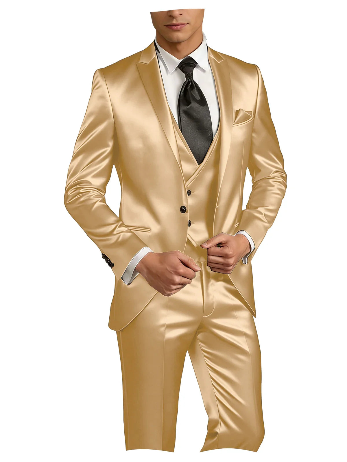 Luxury Men's Satin Suit 3 Piece Set Notch Lapel Slim Fit 1 Button Blazer Vest Pants for Formal Groom Groomsmen Prom Party