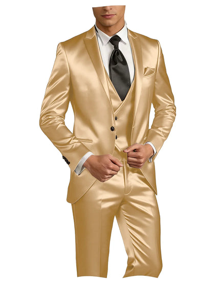 Luxury Men's Satin Suit 3 Piece Set Notch Lapel Slim Fit 1 Button Blazer Vest Pants for Formal Groom Groomsmen Prom Party