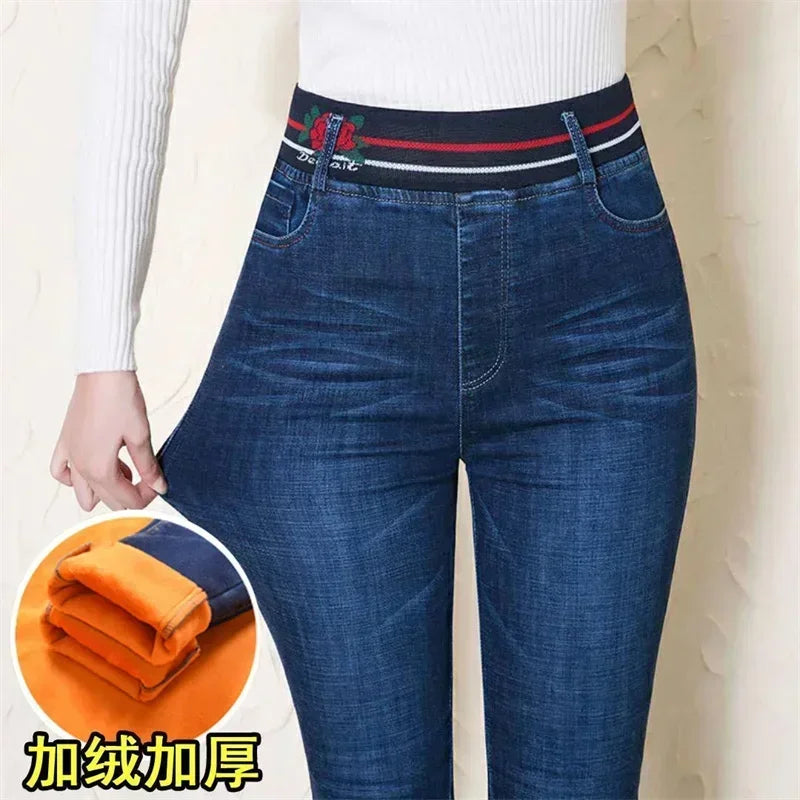 Winter Plus Velvet Stretch Jeans Women Oversize 40 High Waist Skinny Vaqueros Thick Warm Denim Trousers Fashion Mom Pencil Pants
