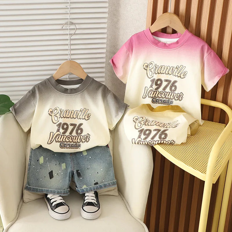 0-5Years New Baby Boys Girls Summer Clothes suits Tie dye letter T-shirt denim Shorts 2pcs/sets Children Clothing Tracksuits Set