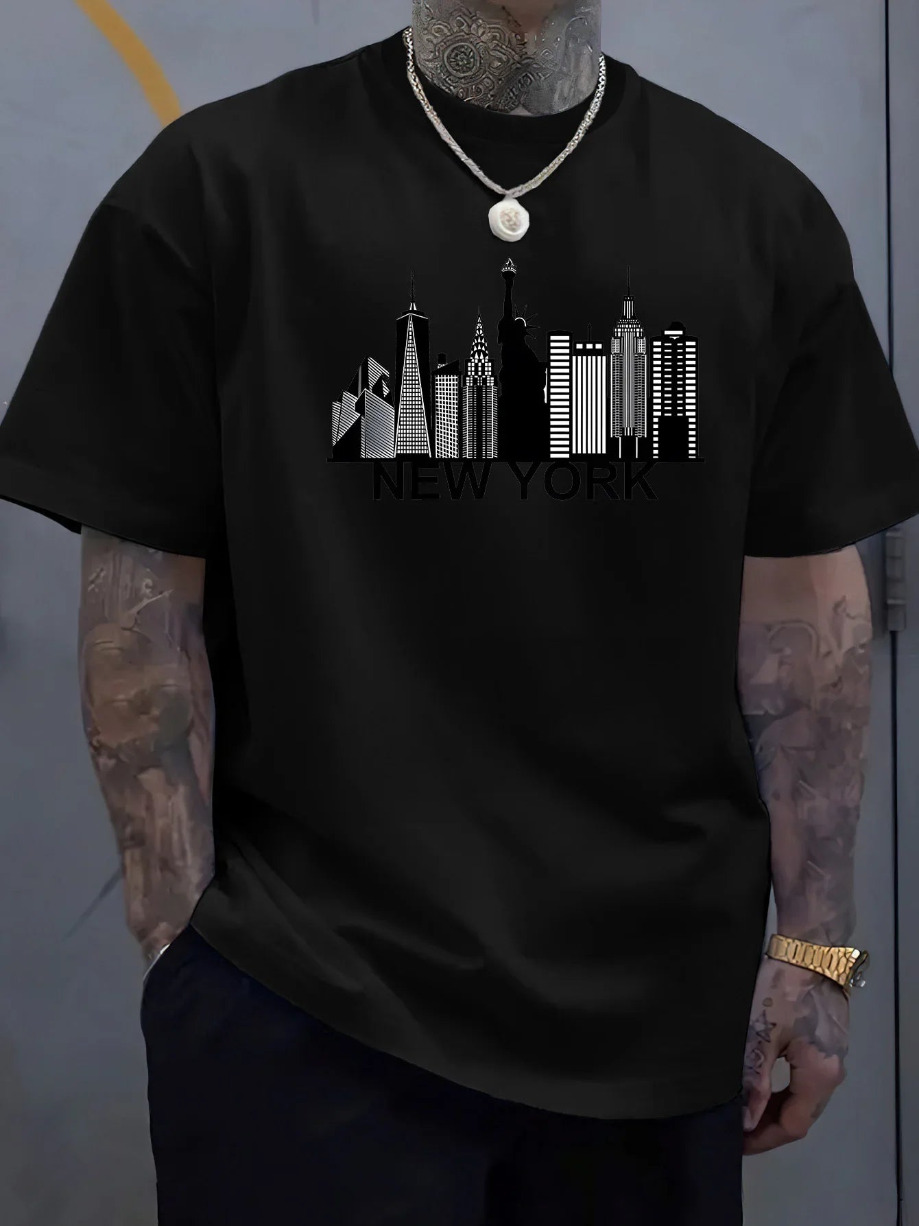 100% pure cotton men's New York city pattern printed fashionable casual loose sports round neck short sleeved T-shirt top