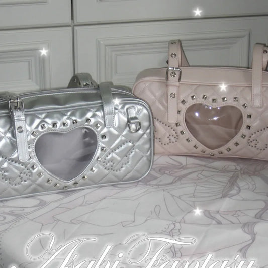 Pink Transparent Pocket Japanese Itabag Rivet Design Lolita Shoulder Bag PU Leather Harajuku Pain Bags Y2k Sweet Handbags Girls