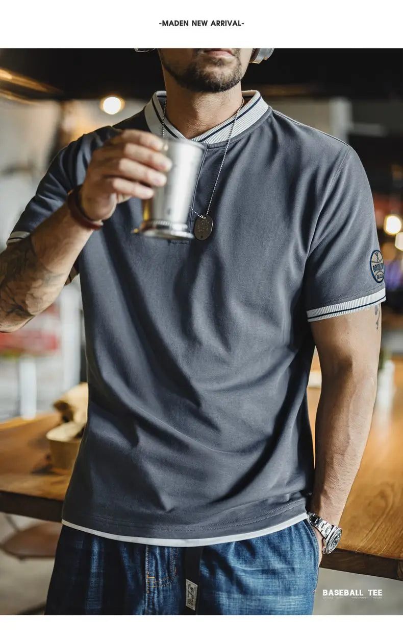 Maden Men's Vintage Baseball Short Sleeve Henley Shirt Heavyweight Contrast Embroidered Tee 100% Cotton Retro Summer T-shirts