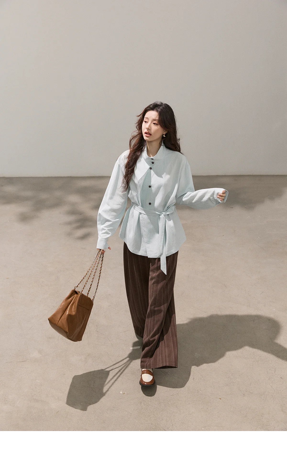 Women's Stand Collar Long Sleeve Shirts Spring Belted Waist Asymmetric Button Tops Casual Loose Solid Shirt MXF13C2459