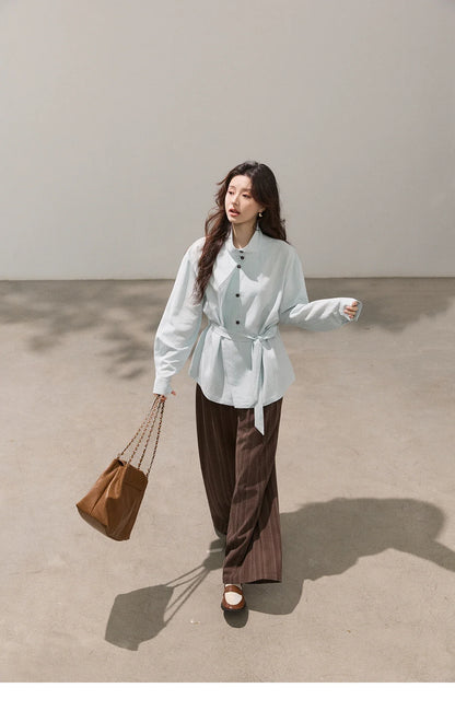 Women's Stand Collar Long Sleeve Shirts Spring Belted Waist Asymmetric Button Tops Casual Loose Solid Shirt MXF13C2459