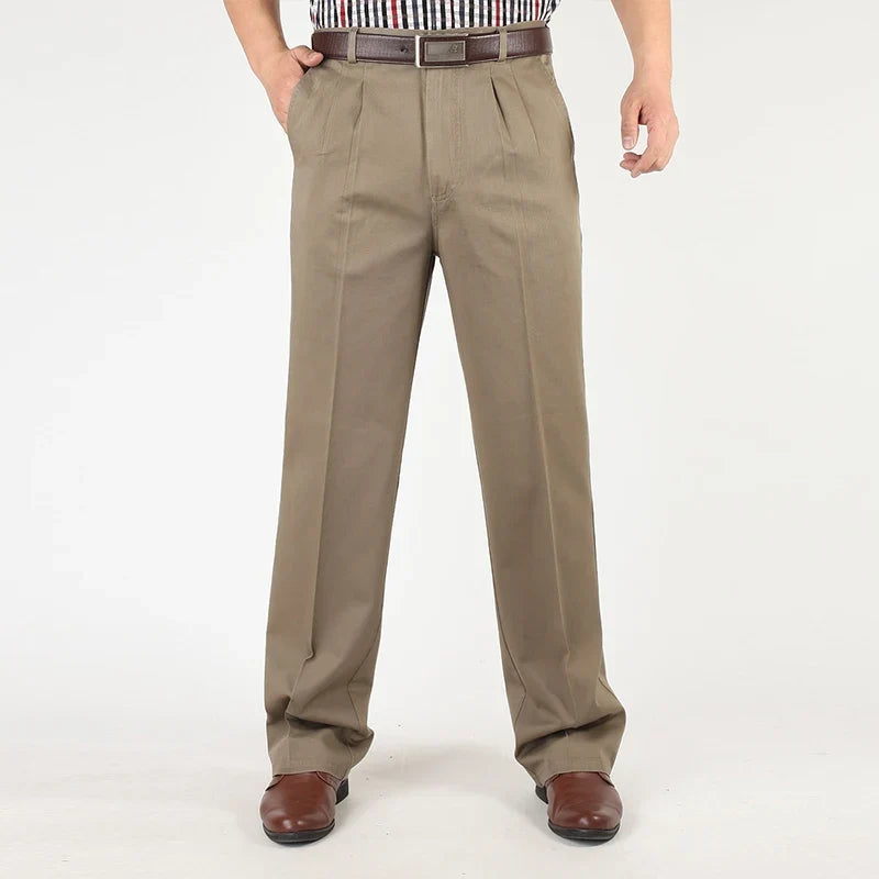 Double Pleated Straight Loose Casual Pants Men Classic Black Trousers High Waist Thick Autumn Cotton  Office Suit Pants 42 44 46