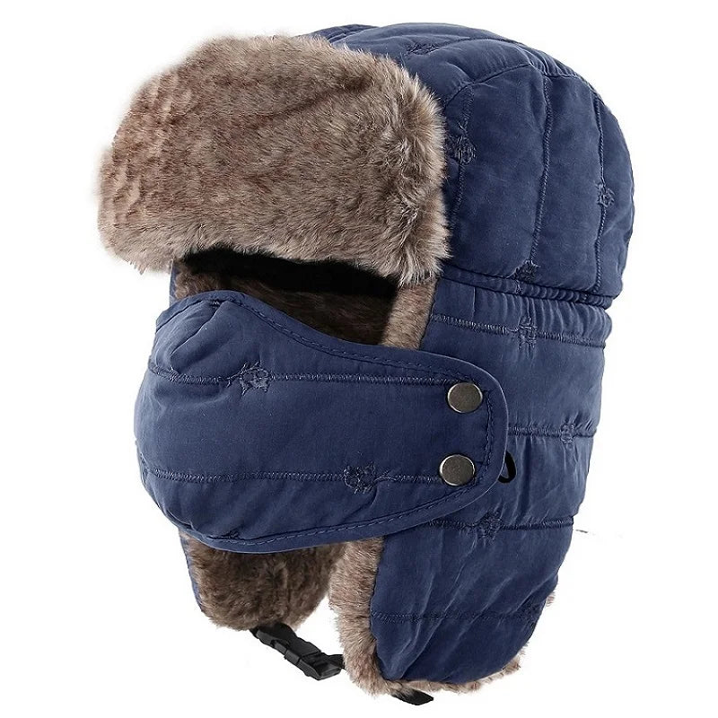 Men's Warm Chunky Trapper Hat Removable Windproof Winter Russian Hats with Mask Ushanka Hat