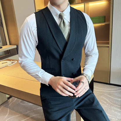 High-end Double-breasted Suit Vest With Pants 2024 New Men Fashion Slim Business Casual Best Groom Wedding Dress Vest  2 Pcs Set