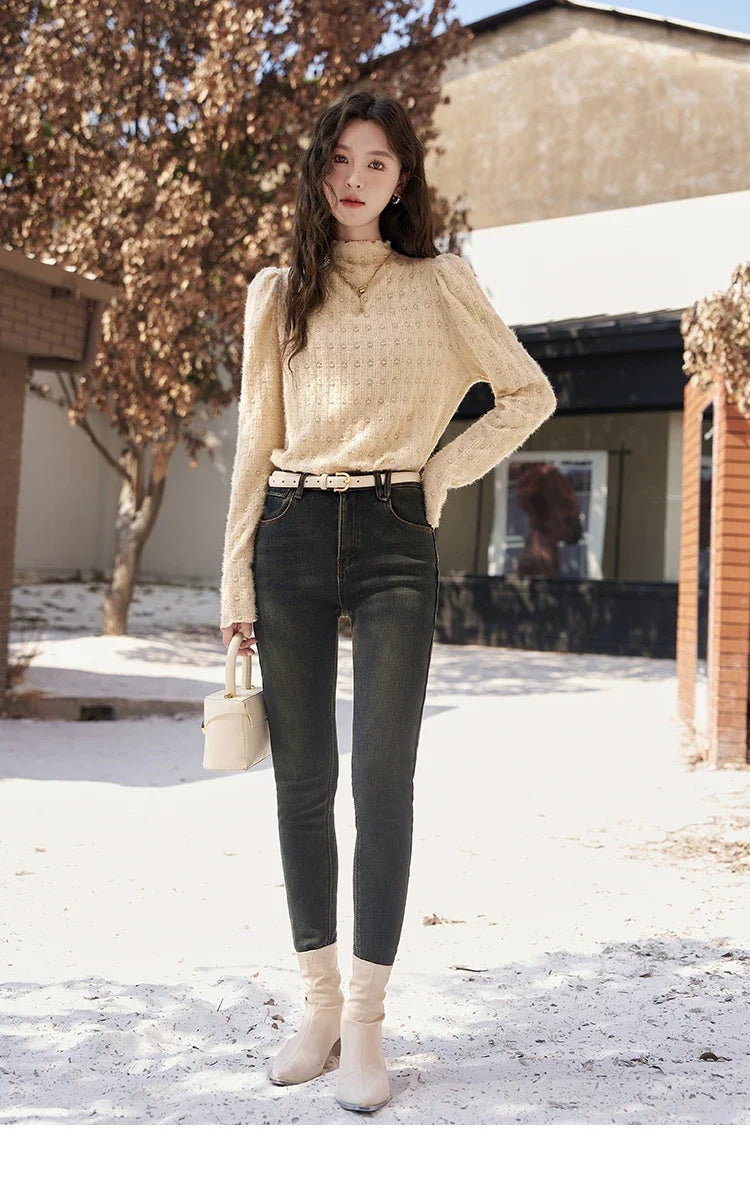 Lace Bottoming Shirt Women Autumn Winter Mock Neck Long Sleeve Knitted Pullover French Warm Inner Top Female MXC58Z0481