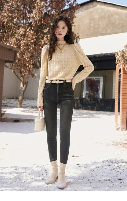 Lace Bottoming Shirt Women Autumn Winter Mock Neck Long Sleeve Knitted Pullover French Warm Inner Top Female MXC58Z0481