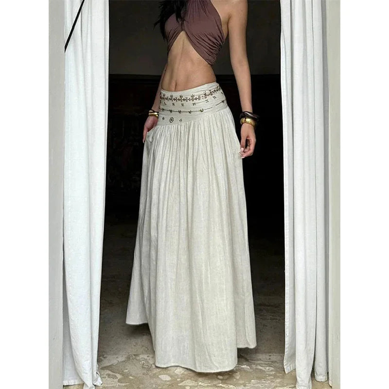 Vintage Beading Midi Skirt Women Vacation Beach Low Waist Skirts Summer Ladies Streetwear Korean Casual Design A Line Faldas New