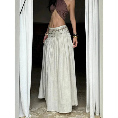 Vintage Beading Midi Skirt Women Vacation Beach Low Waist Skirts Summer Ladies Streetwear Korean Casual Design A Line Faldas New