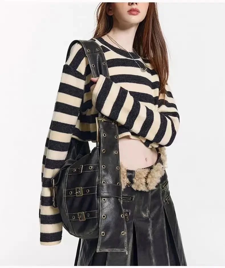 American Retro Punk Pu Leather Handbag Metal Button Shoulder Bags Tote Woman Bag Large Capacity Commuting Storage Bag Purse