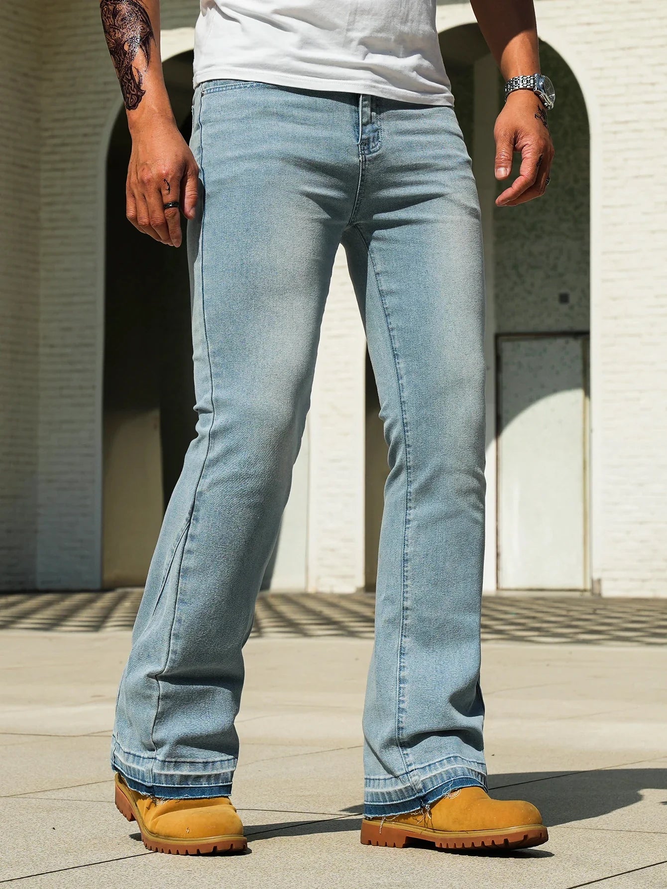 Men's Vintage Light Blue / Black Flare Jeans, Slim Straight Leg Raw Hem Casual Denim Pants
