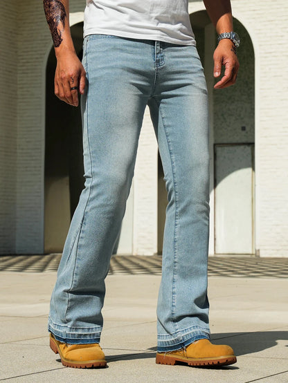 Men's Vintage Light Blue / Black Flare Jeans, Slim Straight Leg Raw Hem Casual Denim Pants