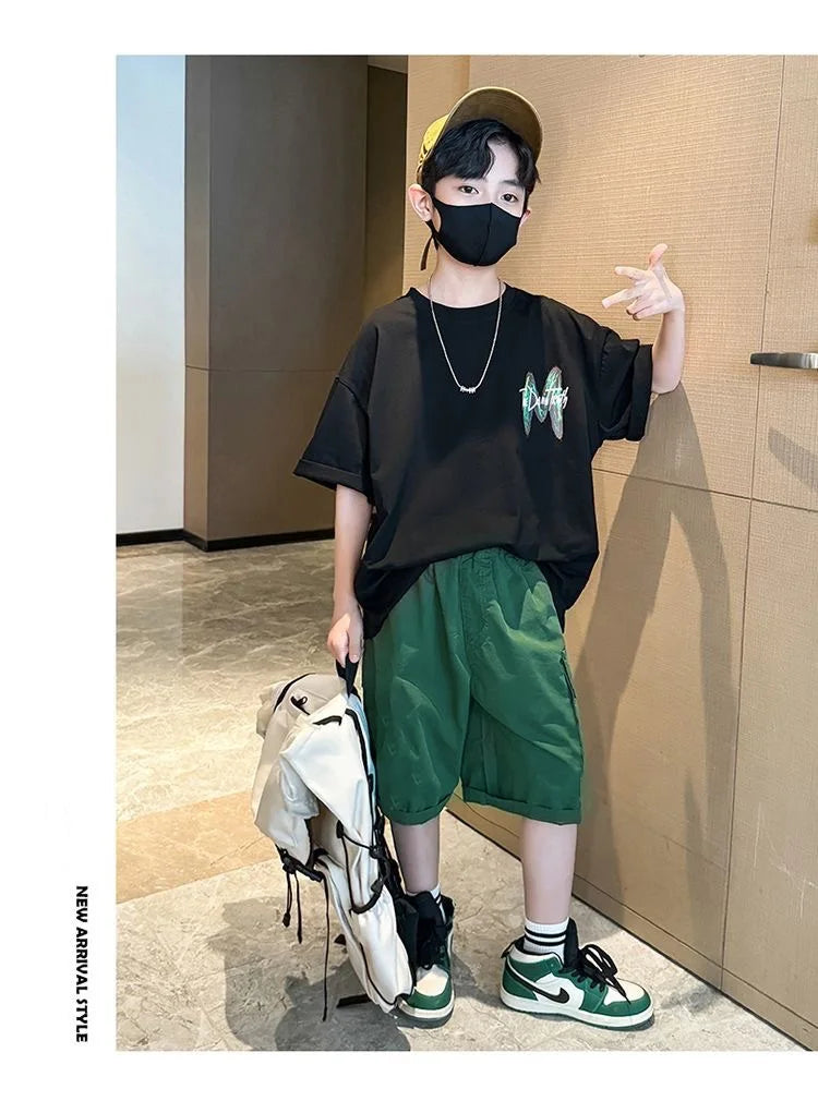 Summer Boys Cotton Leisure Loose Contrast Alphabet T-Shirt Top+Shorts Pant Set School Kids 2PCS Tracksuit Children Outfit 5-16Yr