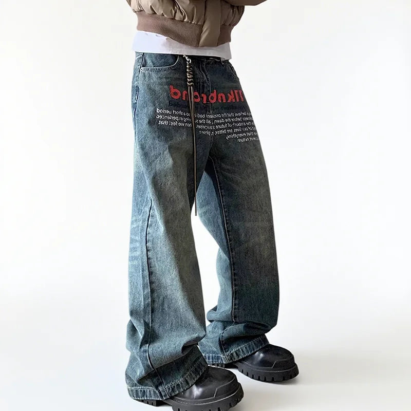 Korean Version Retro Letter Printed Jeans For Men Loose Straight Leg Wide Leg Pants High Street Hip-Hop Design Casual Pants