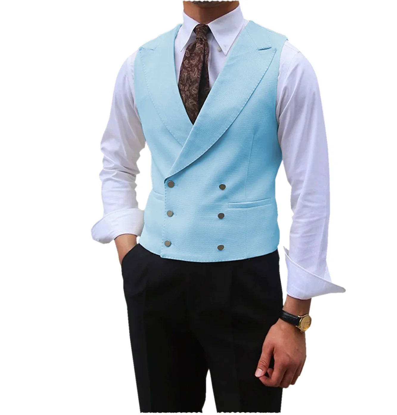 Men Vest Brown Solid Peaked Lapel Double Breasted Sleeveless Jacket Wedding Banquet Business Casual Slim Waistcoat