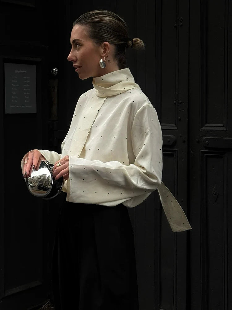 Satin Scarf Neck Polka Dot Printing Women Blouse Fashion Full Sleeve Loose Basic Shirt Lady Spring New Highstreet Commute Wears