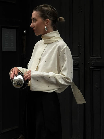 Satin Scarf Neck Polka Dot Printing Women Blouse Fashion Full Sleeve Loose Basic Shirt Lady Spring New Highstreet Commute Wears