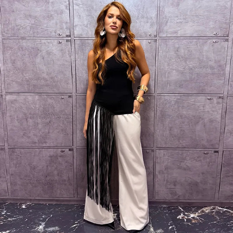 Sexy Tassel Patchwork Women Solid Top Fashion Skew-collar Backless Female Blouse 2026 Spring Summer Asymmetrical Lady Tops