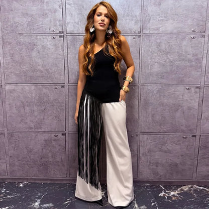 Sexy Tassel Patchwork Women Solid Top Fashion Skew-collar Backless Female Blouse 2026 Spring Summer Asymmetrical Lady Tops