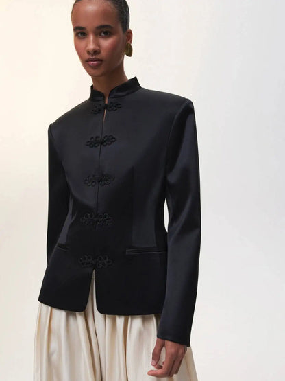 Women's Spring Summer Mandarin Collar Frog Button Cropped Chinese Style Blazer Casual 2026 Trendy Feminine Fashion Coat