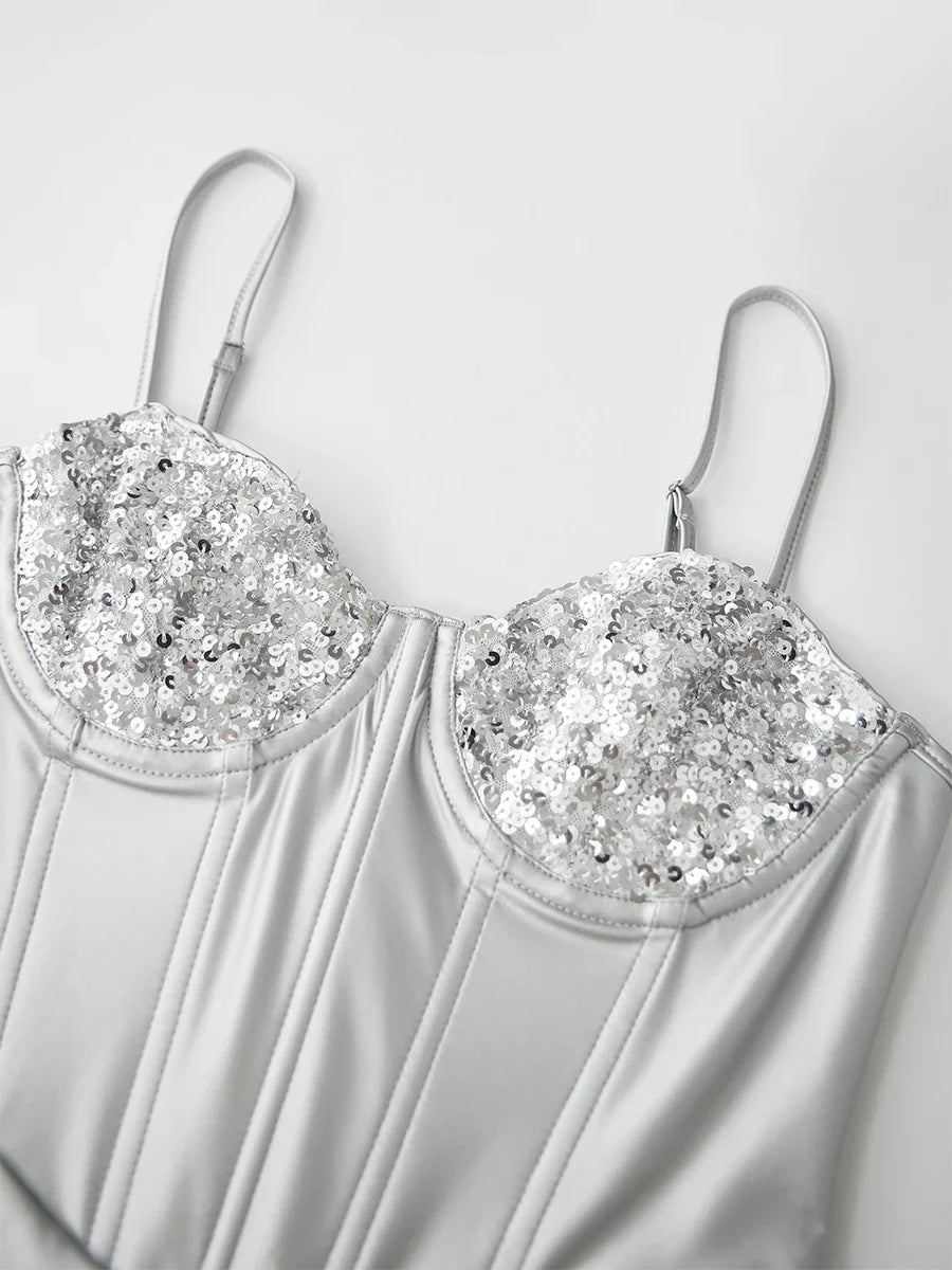Women's Slim Sleeveless Bodysuit Sparkly Sequin Spaghetti Strap Triangle Romper Leotard Tops