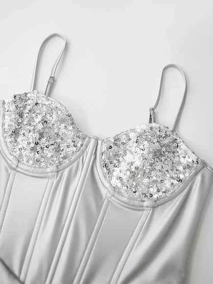 Women's Slim Sleeveless Bodysuit Sparkly Sequin Spaghetti Strap Triangle Romper Leotard Tops