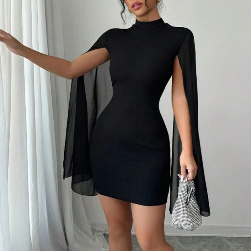 2025 Cross border European and American Women's Round Neck Pit Bar Pearl Chiffon Cloak Wrapped Hip Dress for Women