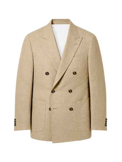 Men's Linen Double Breasted Blazer Peak Lapel Casual Business Suit Jacket With Patch Pockets For Daily Office Wear