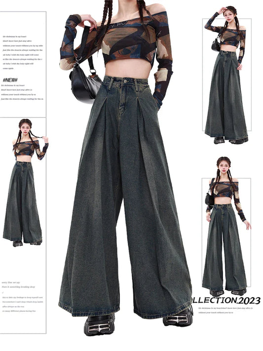 Women's Blue Y2k Jeans Baggy Harajuku Aesthetic Streetwear 2000s Trashy Oversize Denim Trousers Loose Jean Pants Vintage Clothes