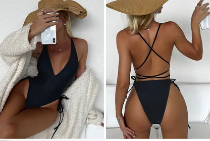 Solid Lace Up Swimsuit Woman Sexy One Piece Swimsuit Swimwear for Women Push Up Women‘s Bathing Suit Beachwear Female Bodysuit