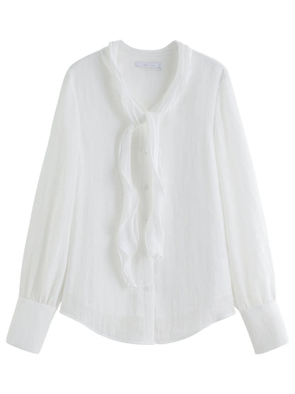 Autumn Elegant Blouse 2025 Asymmetric Flounce Shirt V-Neck Korean Style Chic Design Office Lady Women's Casual Shirt