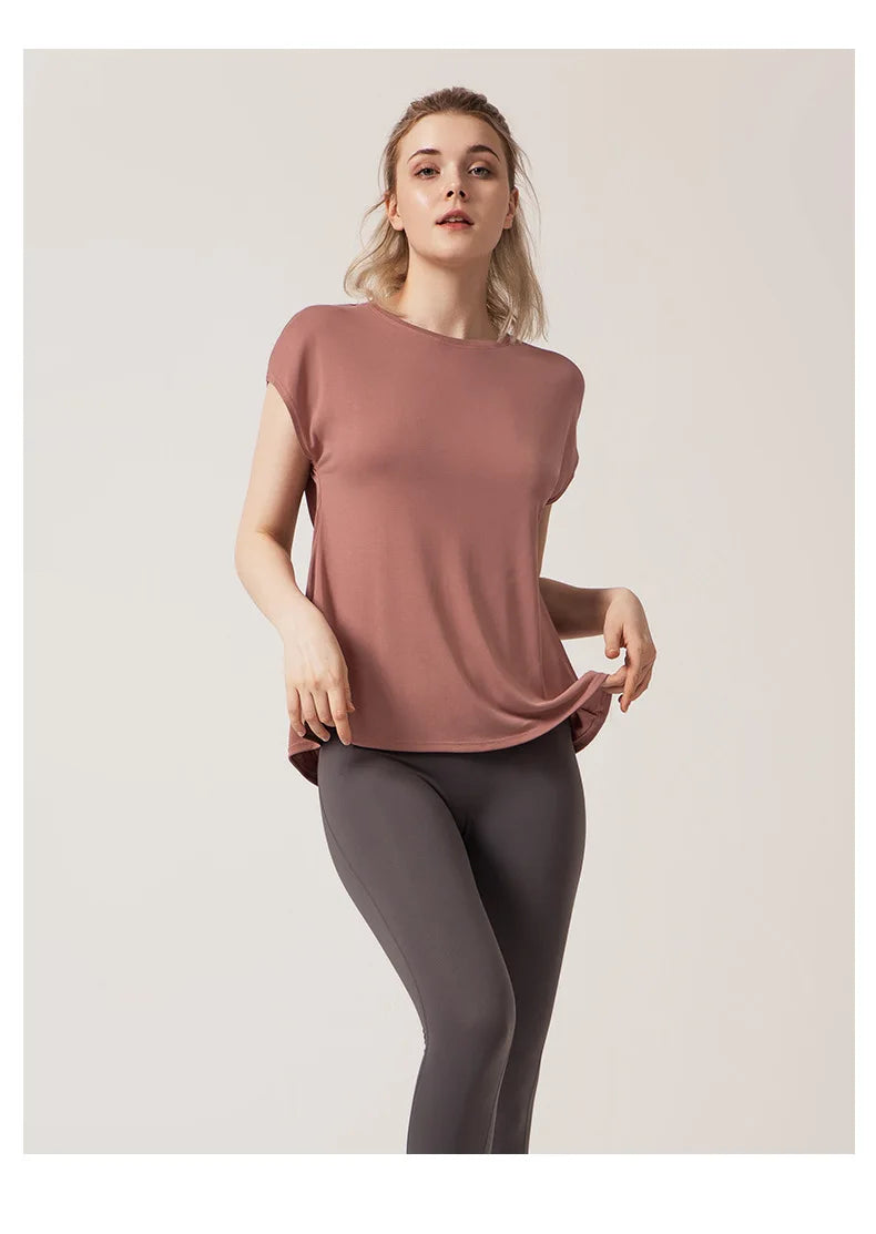 Women's Split Side Yoga Top Sexy Open Back Fitness T-shirt Loose Fit Workout Tee Running Sports Cover Gym Wear Woman Clothing