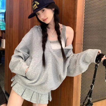 Casual Hooded Pullover Top Women Y2K V-neck Hoodies Solid Harajuku Long Sleeve Hoodie Oversized Tops Female Loose Clothing