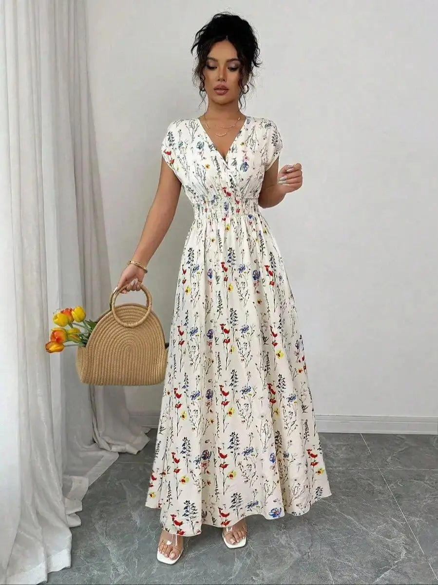 Women's Ditsy Floral V-Neck Sleeveless Waisted Maxi Dress
