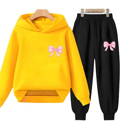 Fashion Kids Clothes Bow Print Children Hoodie 3-12 Years Boys Girls Red Pink Casual Tops+Pants Sets Long Sleeves Autumn
