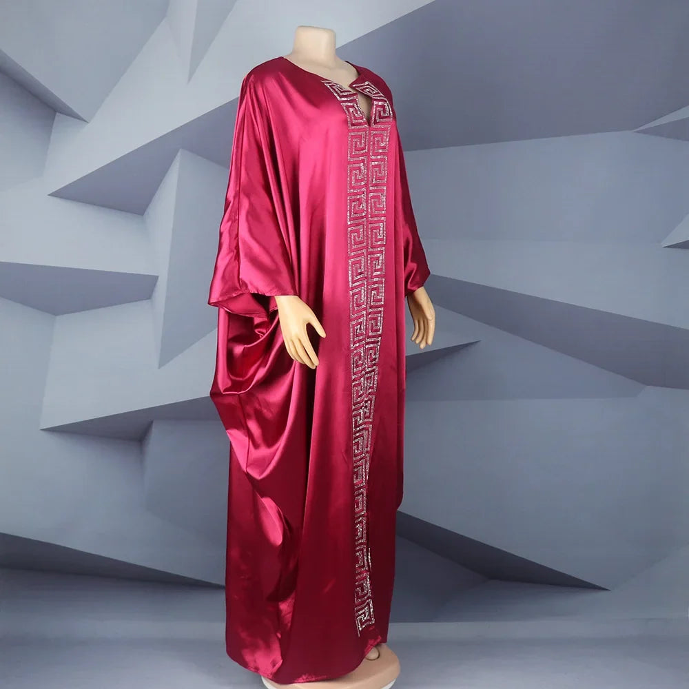 Fashion African Woman Large Size Bat Sleeve Dress Muslim Islamic Style Robe Imitation Silk Hot Fix Rhinestone