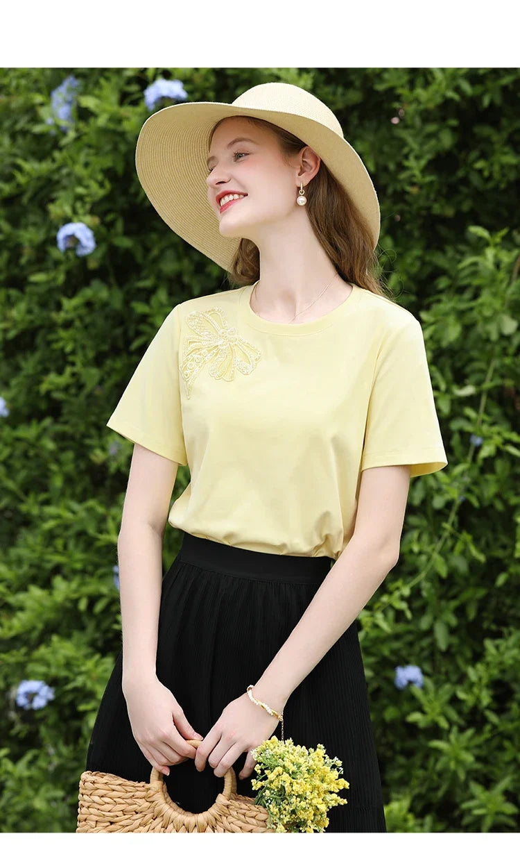 Yellow Bow Bead Embroidered Short Sleeved T-shirt Top for Women Summer 2025 Solid Round Neck Casual Tee 2252015981