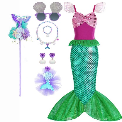 Halloween Little Mermaid Ariel Princess Costume Summer Purple Dress Girls Cosplay Mermaid Carnival Birthday Party Swimsuit Set