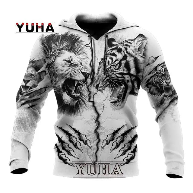 Spring and Autumn Tiger Lion Tattoo 3D Printed Men's Hoodie Unisex Harajuku Fun Hip Hop Sweatshirt Street Essential Oversized