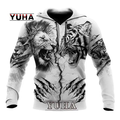 Spring and Autumn Tiger Lion Tattoo 3D Printed Men's Hoodie Unisex Harajuku Fun Hip Hop Sweatshirt Street Essential Oversized