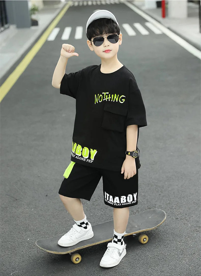 Kpop Boys Clothes Sets 2026 Summer Teen Kids Fashion Letter Print Short Sleeve T-shirt+Shorts 2Pcs Children Tracksuit Outfits